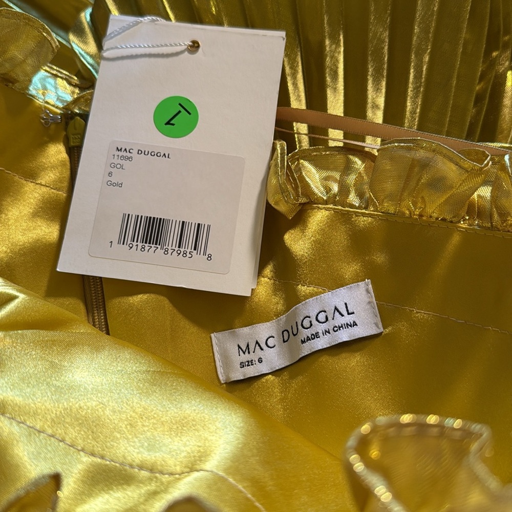 MAC DUGGAL Gold One Shoulder Pleated Ruffle Gown with Slit - Picture 16 of 17